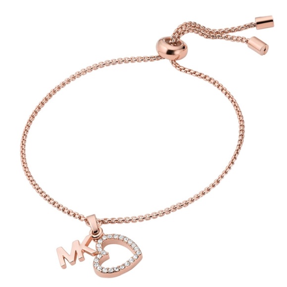 MICHAEL KORS Rose Gold Crystal Heart Logo Slider Bracelet Stud Earring Boxed Set - Picture 5 of 10